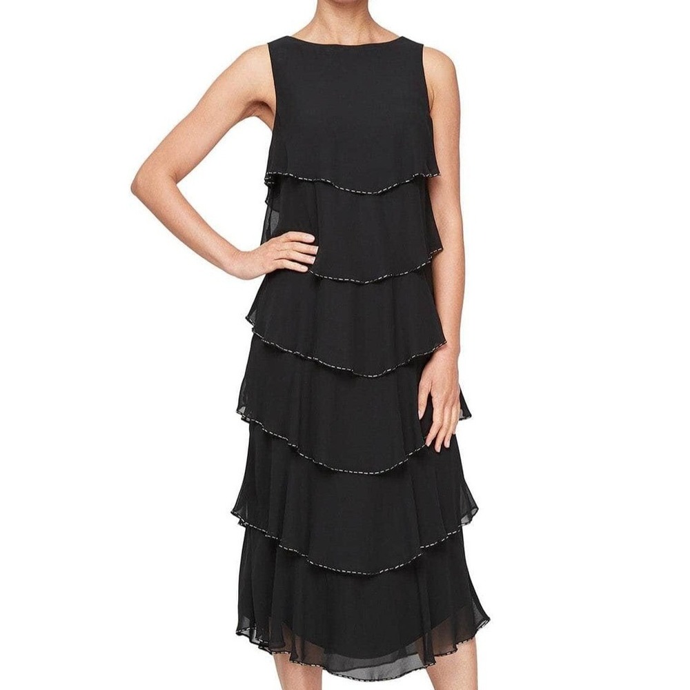 SLNY Fashions Sleeveless Tiered Chiffon Black Layered Dress Womens Size 6 NWT